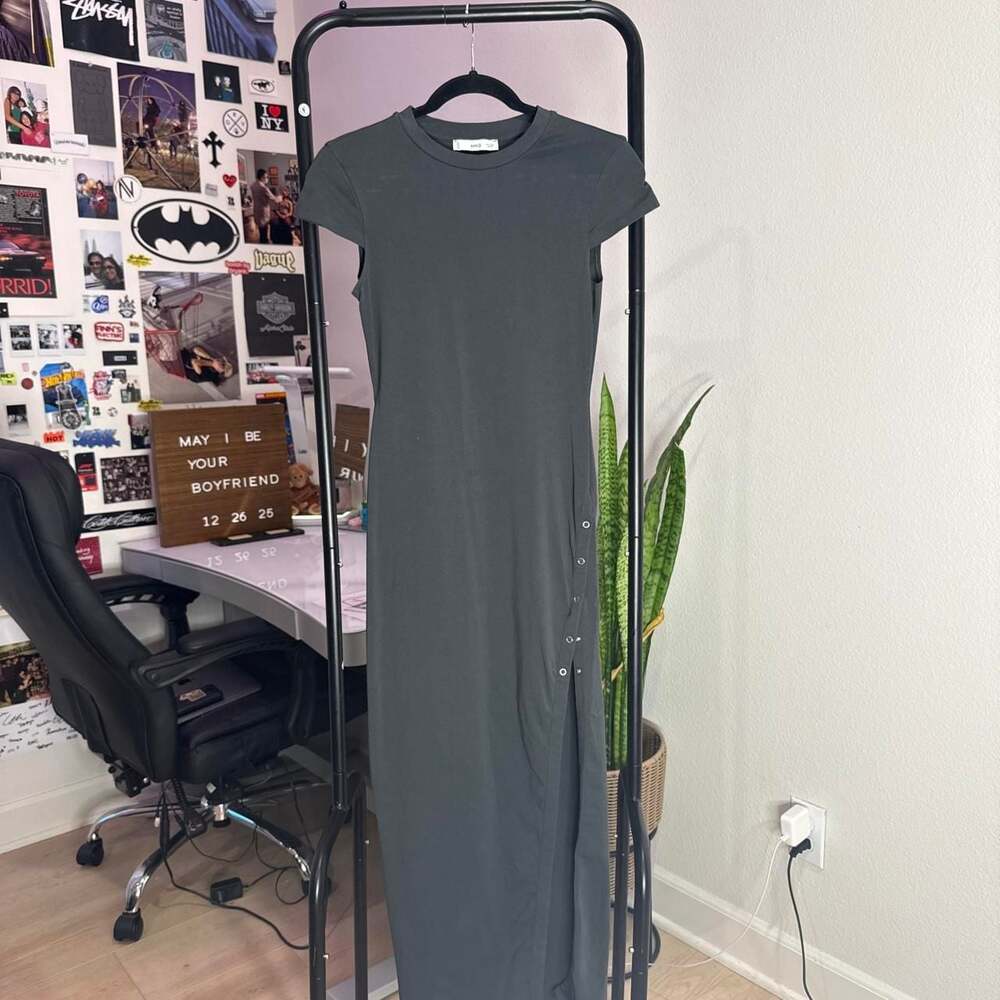 MNG Gray Maxi Dress with Side Split and Button Detail